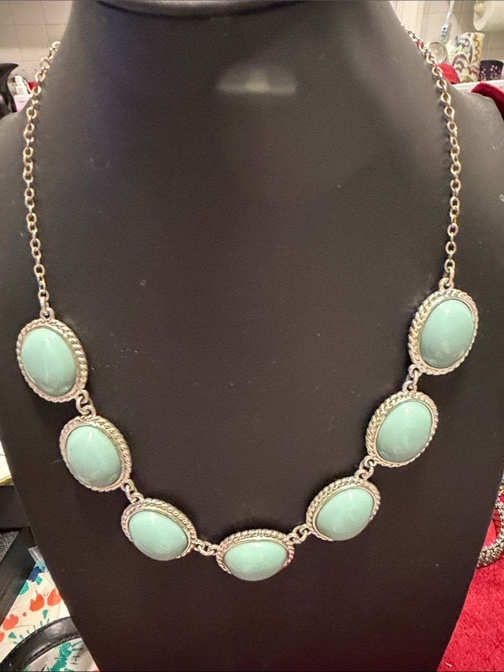 Vintage Monet Silver-Tone Mint/turquoise colored Necklace 17”-19”good condition